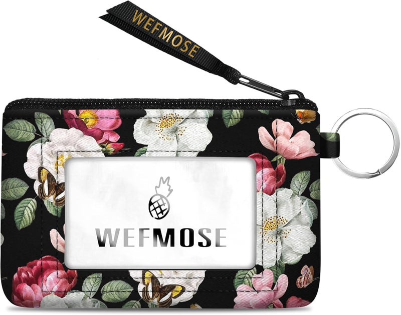 WEFMOSE Small Wallet Keychain with Clear ID Window Zipper Cute ID Case Coin Purse for Women Water Resistant Coin Pouch-Black Floral Keychain Wallet - Image 1